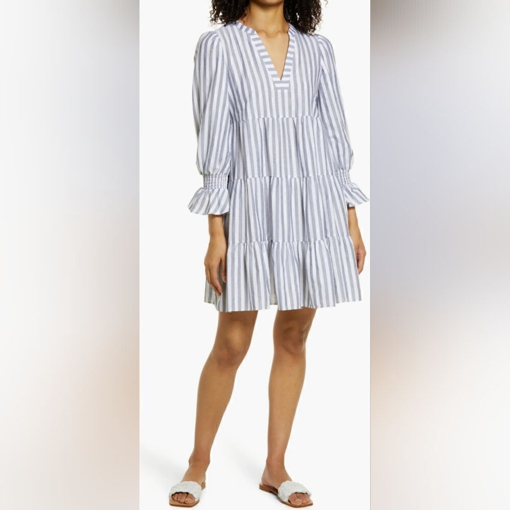 Eliza J Stripe Tiered Long Sleeve Cotton Dress NWT Size 2 Blue and White
